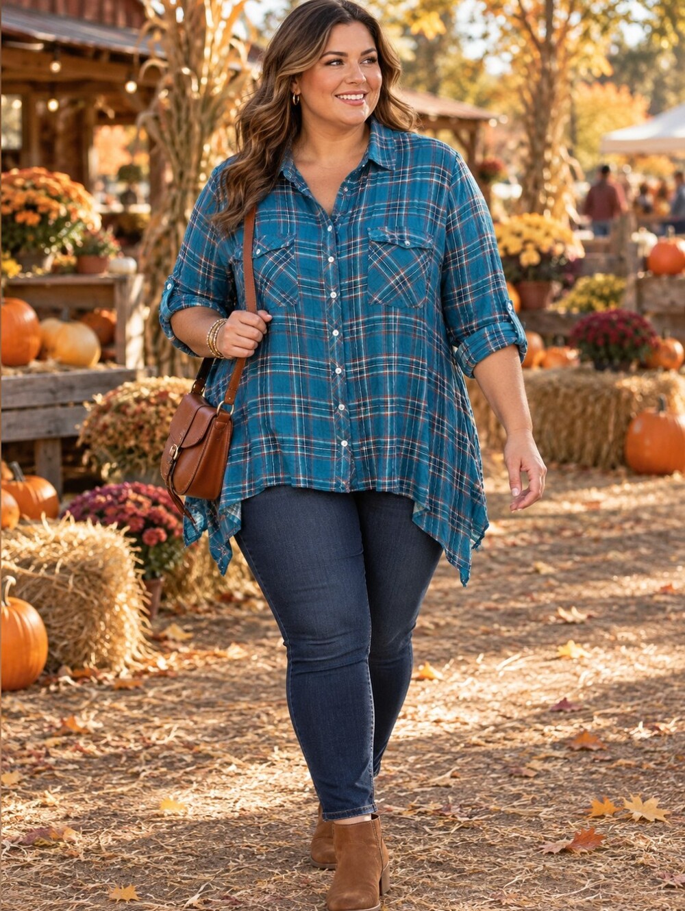 Ruby Rd Teal Plaid Button Down Shark Bite Hem Blouse EUC
